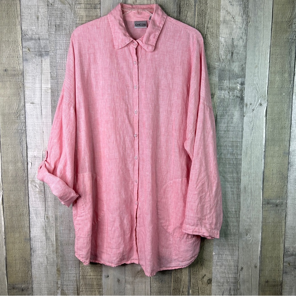 Chico’s Size 3 Red & White 100% Linen Pin Striped Long Sleeve Button Front Shirt